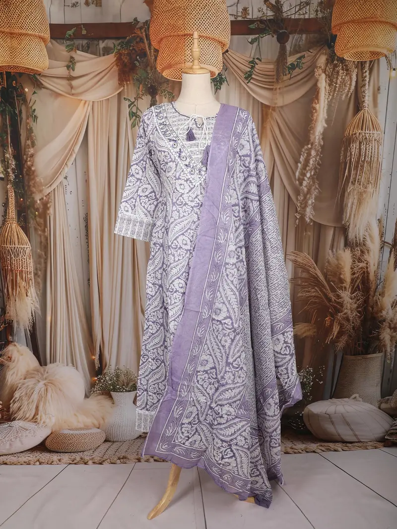 Lavender Floral Mirror Embroidered Cotton Salwar Suit With Dupatta 1