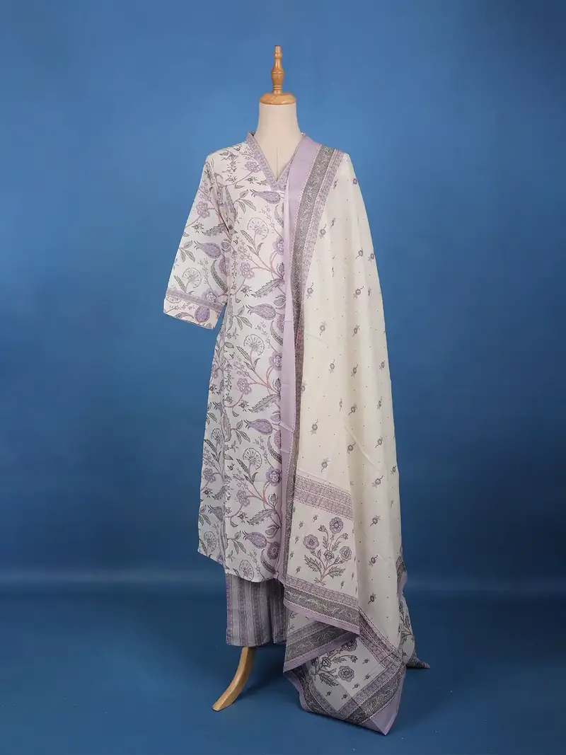 Lavender Floral Printed Cotton Salwar Suit Set 1