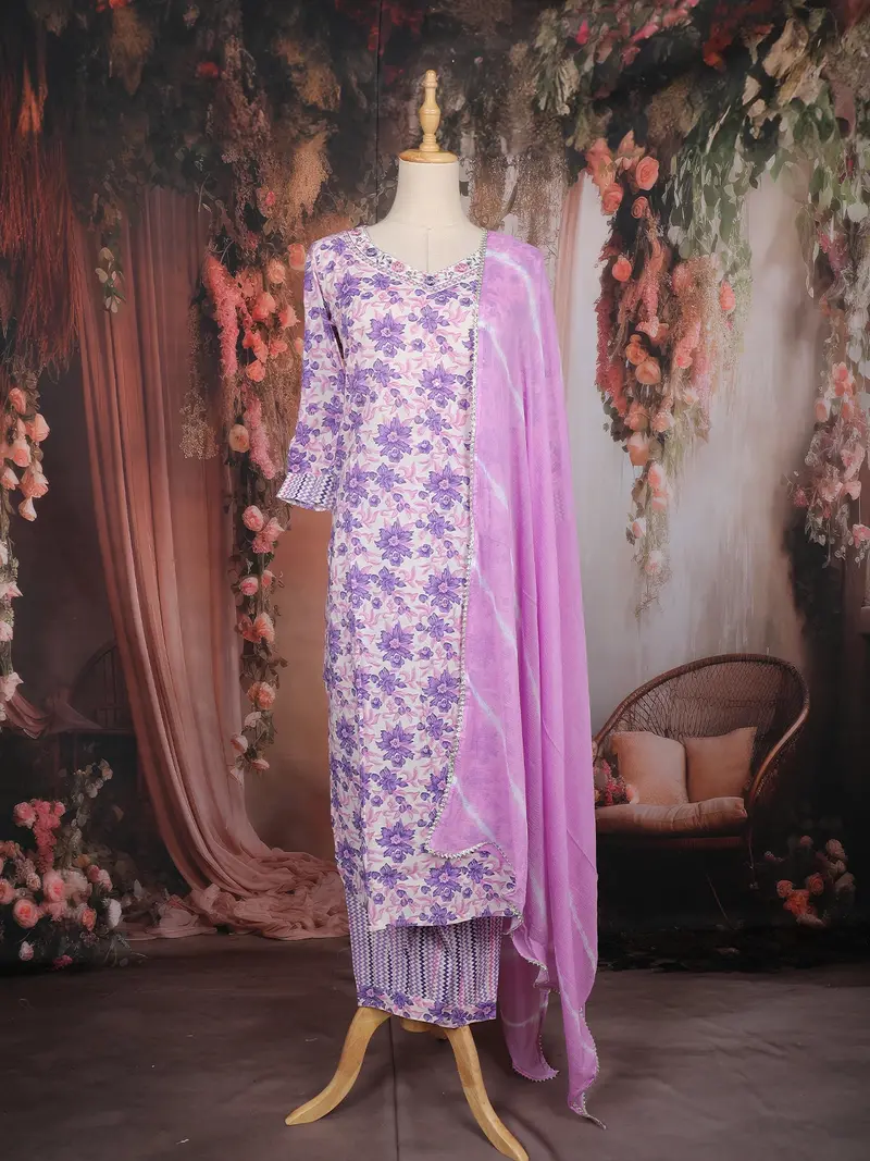 Lavender Floral Printed Cotton Salwar Suit With Dupatta 1