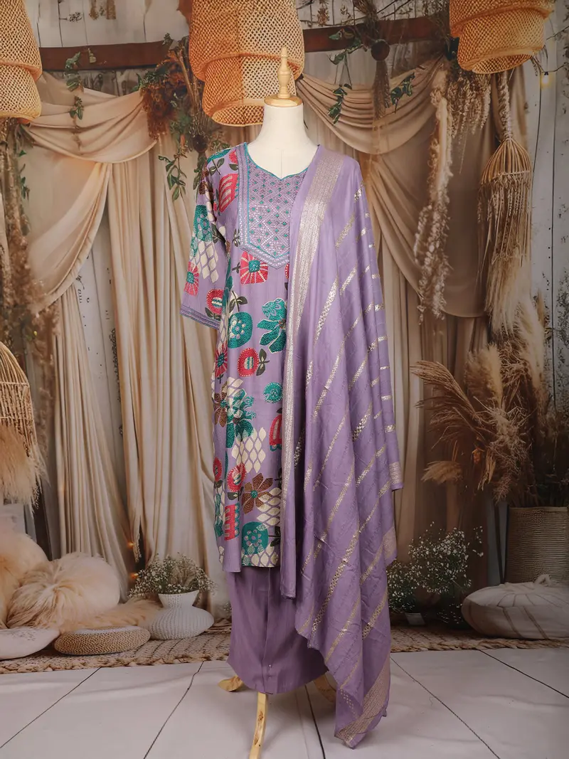 Lavender Floral Printed Cotton Salwar Suit With Embroidered Yoke And Dupatta 1