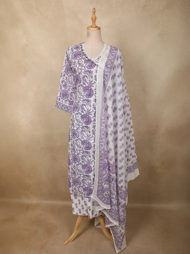 Lavender Floral Printed Design Cotton Straight Cut Salwar Suit With Dupatta 1