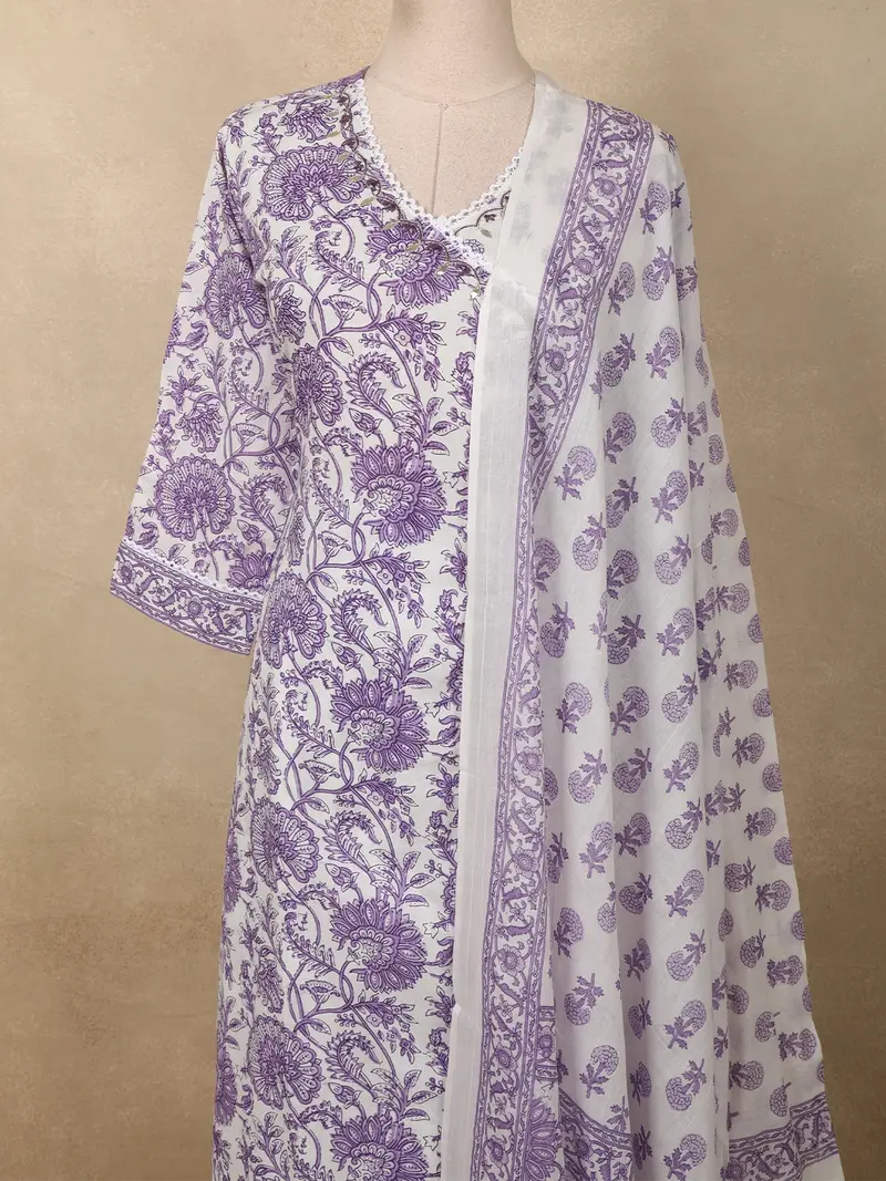 Lavender Floral Printed Design Cotton Straight Cut Salwar Suit With Dupatta 2
