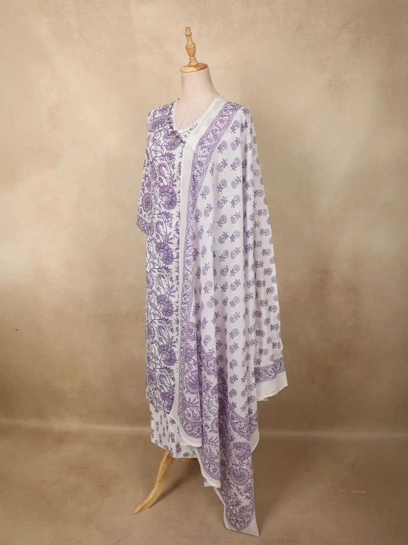 Lavender Floral Printed Design Cotton Straight Cut Salwar Suit With Dupatta 3