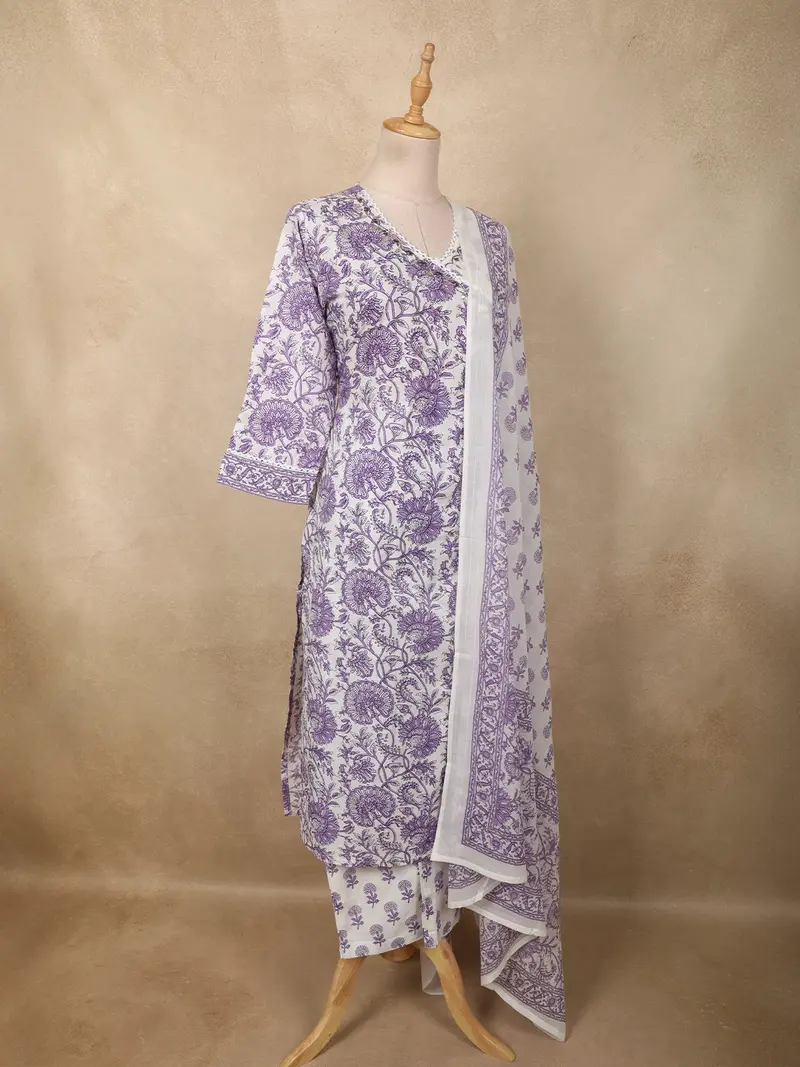 Lavender Floral Printed Design Cotton Straight Cut Salwar Suit With Dupatta 4