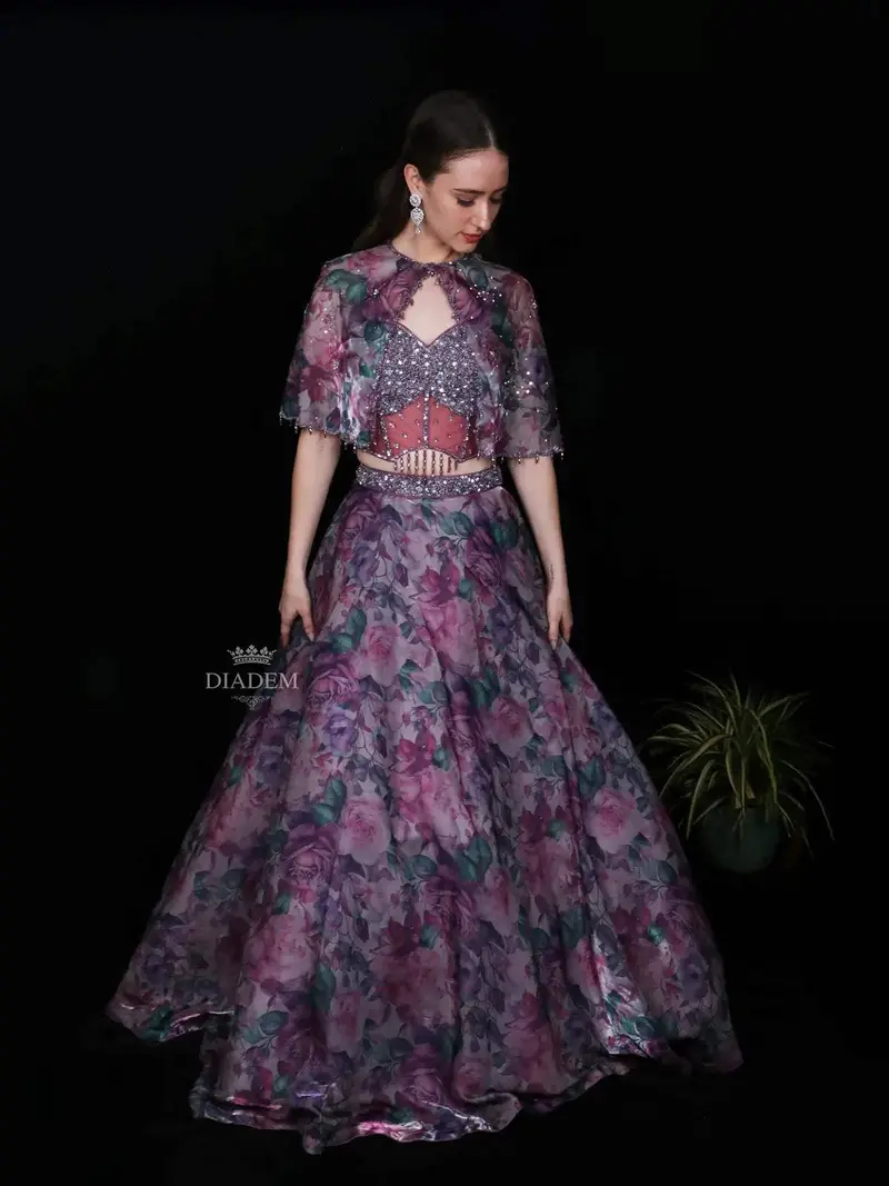 Lavender Floral Printed Organza Party Wear Lehenga 1
