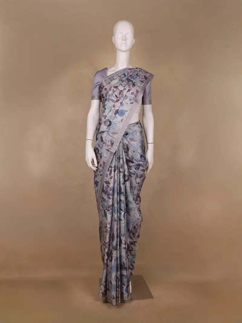 Lavender Floral Printed Tussar Silk Saree 1