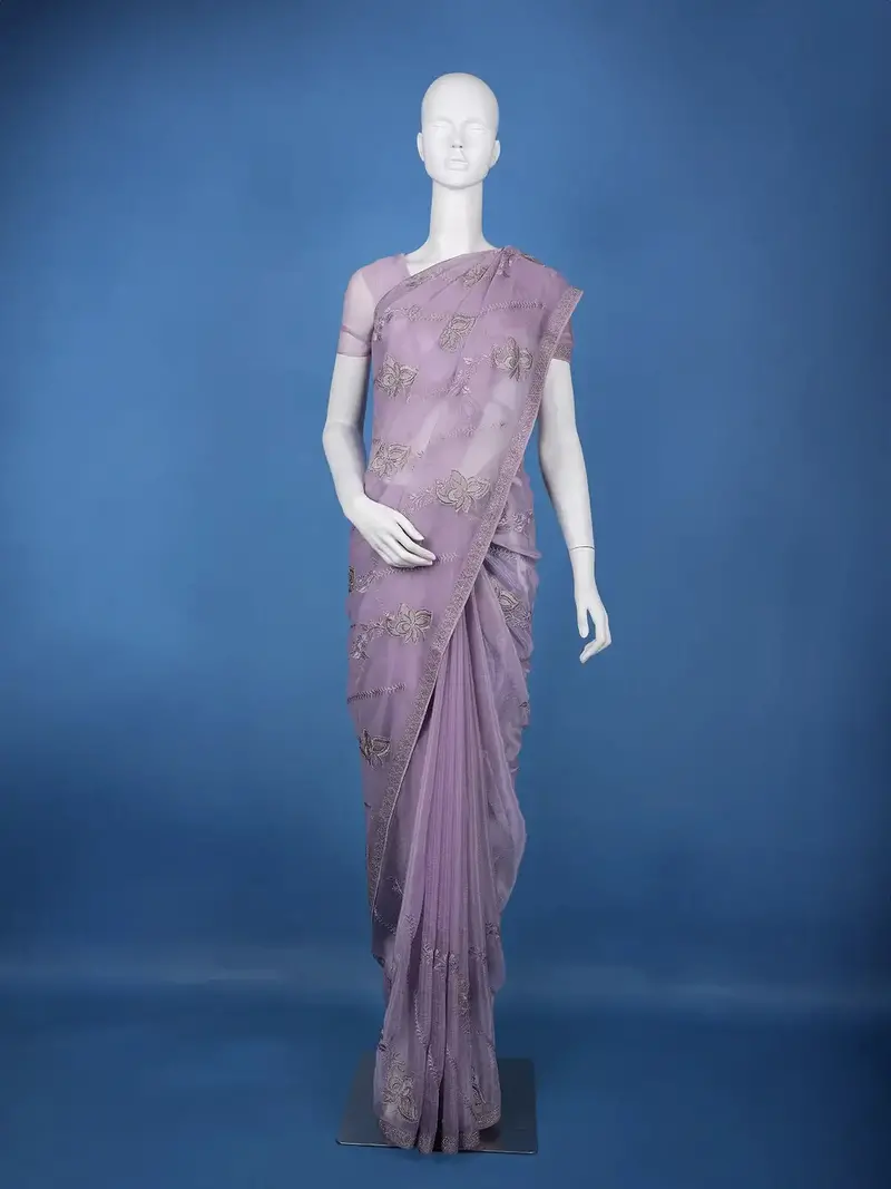 Lavender Floral Sequin Embroidered Organza Saree 1