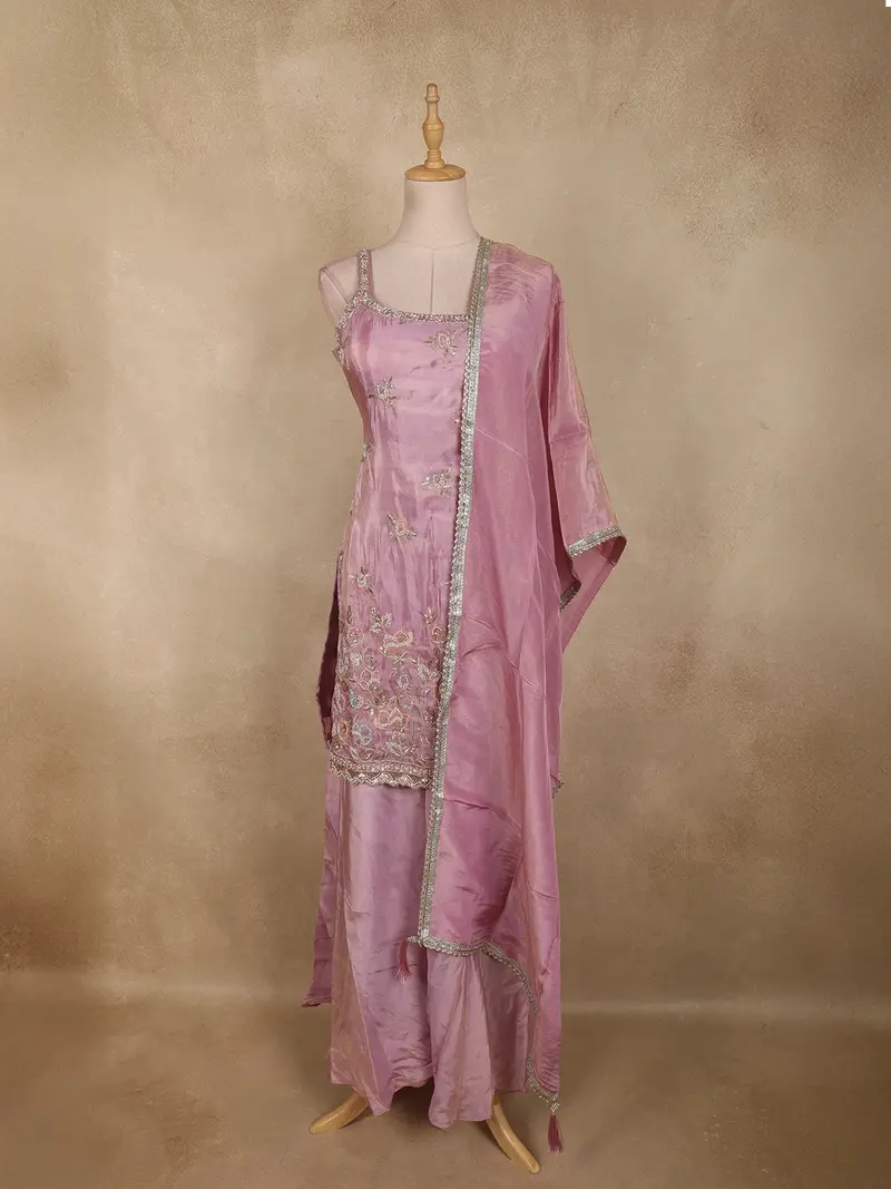 Lavender Floral Sequins And Beads Embroidered Design Tissue Palazzo Suit With Dupatta 1