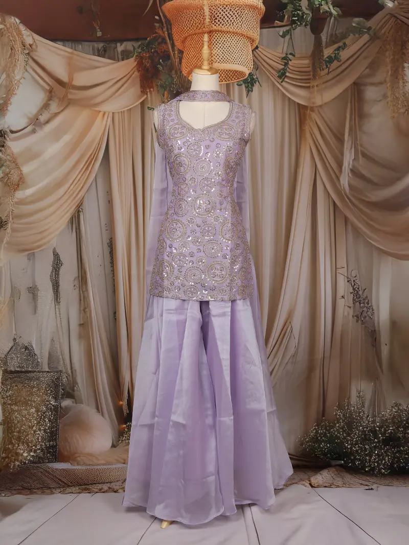 Lavender Floral Sequins Embroidered Organza Palazzo Suit 1
