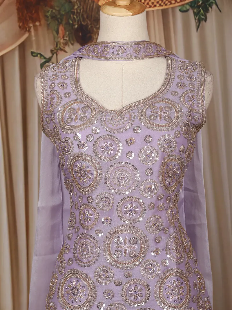 Lavender Floral Sequins Embroidered Organza Palazzo Suit 2