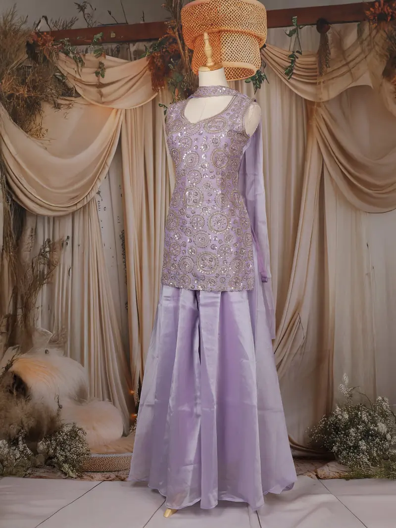 Lavender Floral Sequins Embroidered Organza Palazzo Suit 3