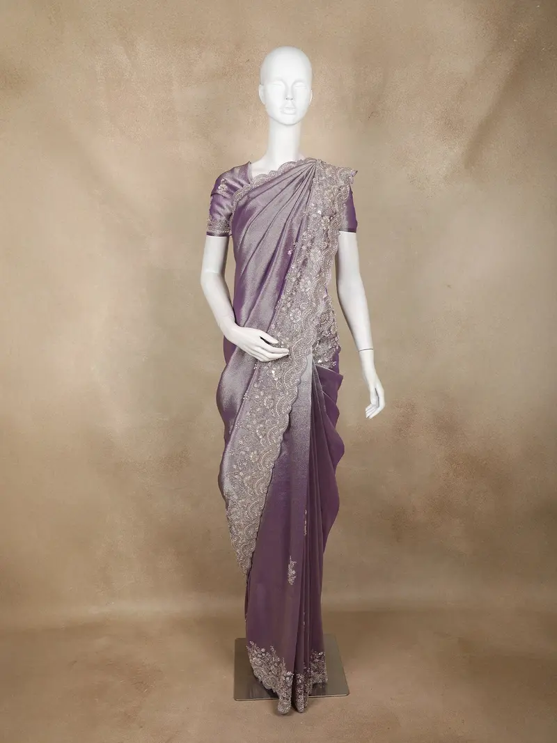 Lavender Floral Sequins Embroidered Pure Tissue Silk Saree With Designer Border 1