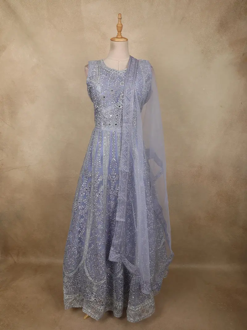 Lavender Floral Thread And Mirror Embroidered Design Net Gown With Dupatta 1