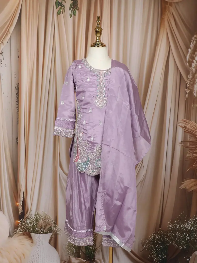 Lavender Floral Thread And Sequins Embroidered Design Tissue Silk Kids Palazzo Suit 1