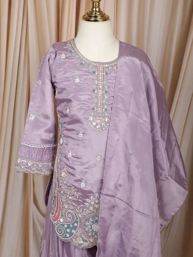 Lavender Floral Thread And Sequins Embroidered Design Tissue Silk Kids Palazzo Suit 2