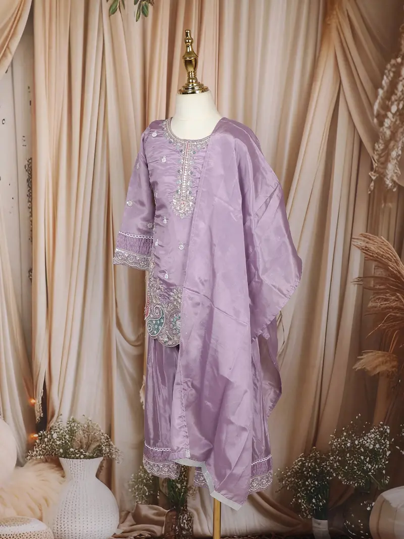 Lavender Floral Thread And Sequins Embroidered Design Tissue Silk Kids Palazzo Suit 3