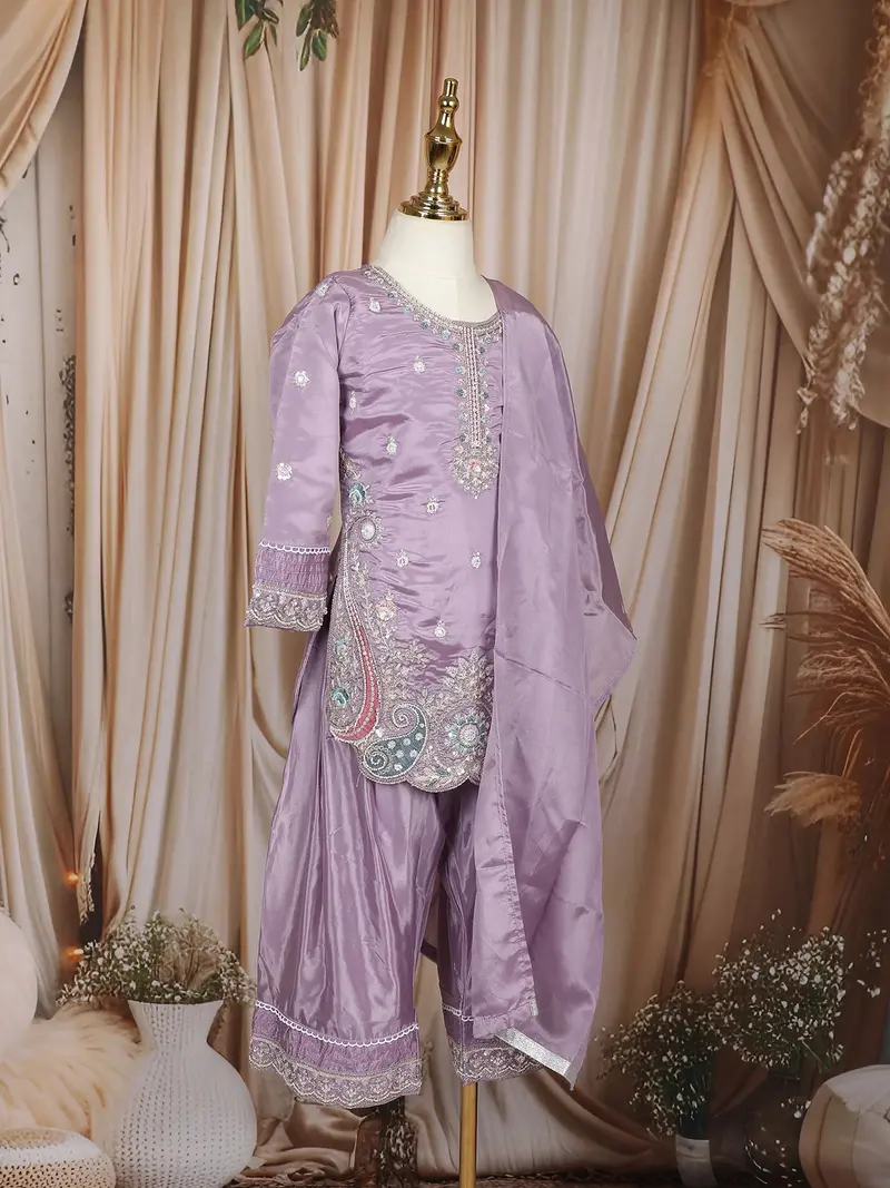Lavender Floral Thread And Sequins Embroidered Design Tissue Silk Kids Palazzo Suit 4