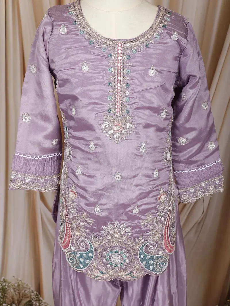 Lavender Floral Thread And Sequins Embroidered Design Tissue Silk Kids Palazzo Suit 5