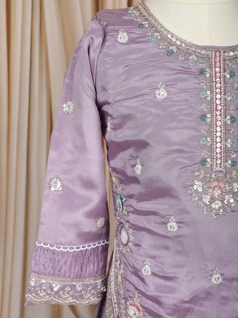 Lavender Floral Thread And Sequins Embroidered Design Tissue Silk Kids Palazzo Suit 6