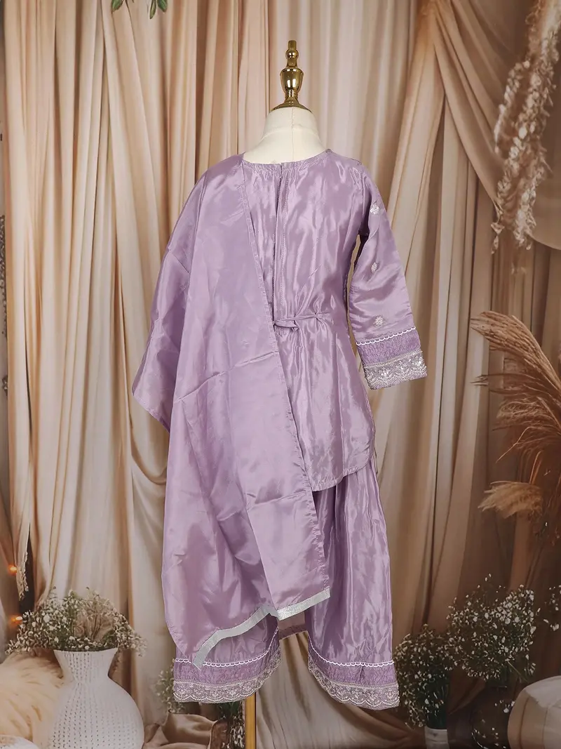 Lavender Floral Thread And Sequins Embroidered Design Tissue Silk Kids Palazzo Suit 8