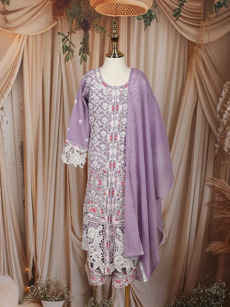 Lavender Floral Thread Embroidered Design Georgette Kids Palazzo Suit 1