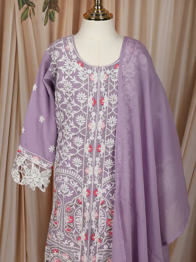 Lavender Floral Thread Embroidered Design Georgette Kids Palazzo Suit 2