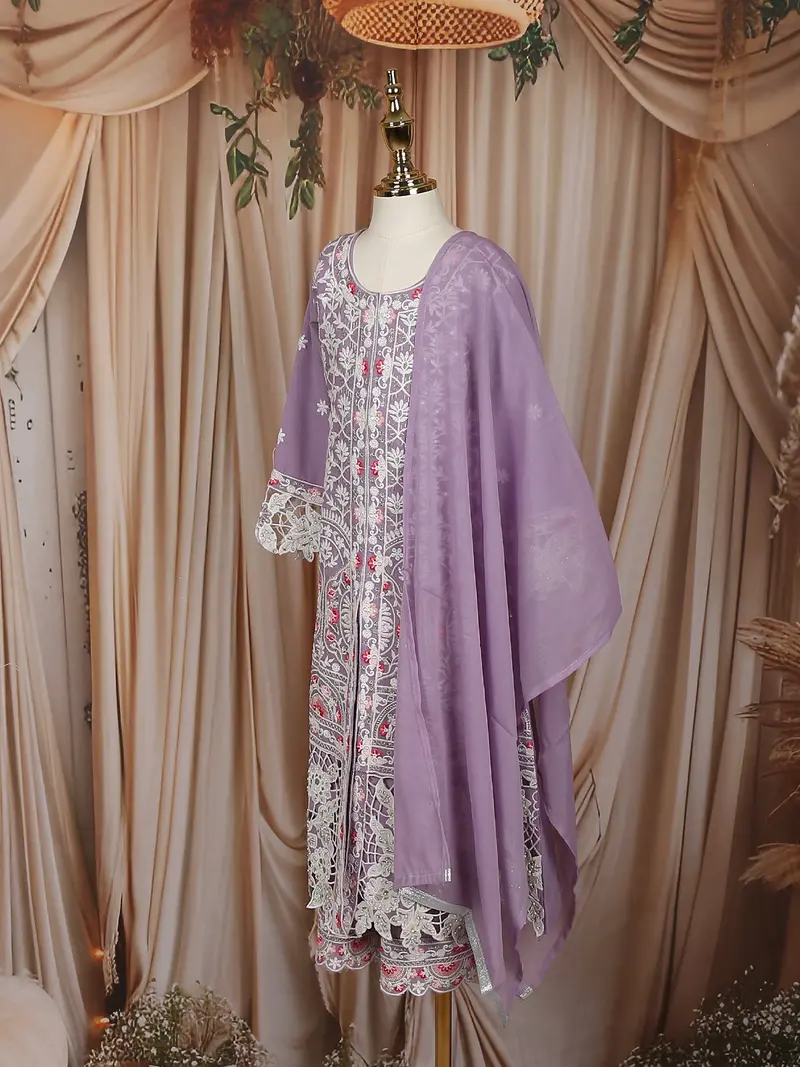 Lavender Floral Thread Embroidered Design Georgette Kids Palazzo Suit 3