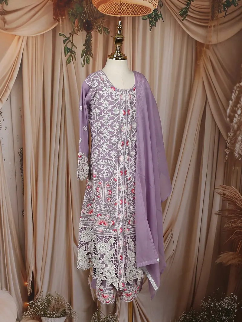 Lavender Floral Thread Embroidered Design Georgette Kids Palazzo Suit 4