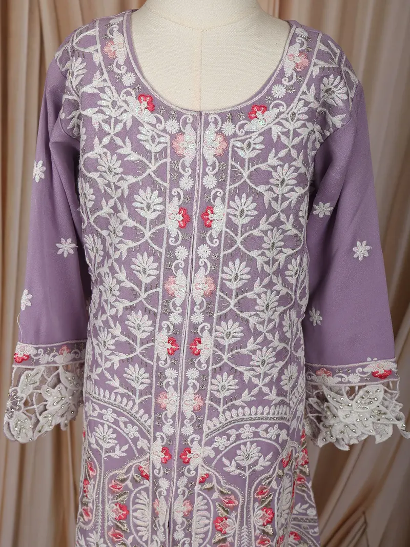 Lavender Floral Thread Embroidered Design Georgette Kids Palazzo Suit 5