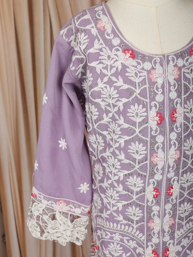 Lavender Floral Thread Embroidered Design Georgette Kids Palazzo Suit 6