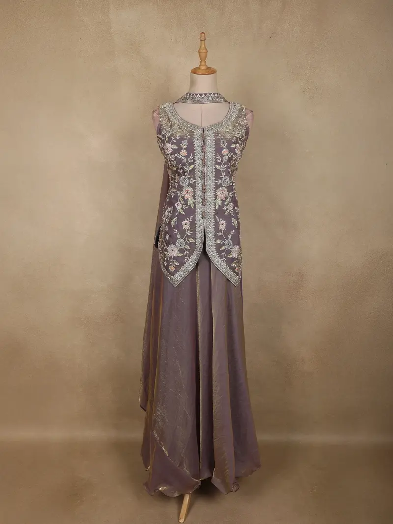Lavender Floral Thread Embroidered Design Organza Lehenga With Dupatta 1