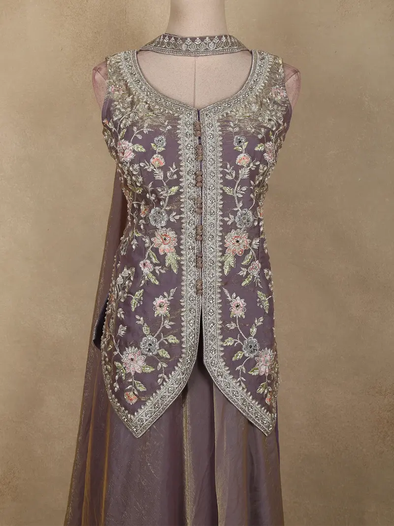 Lavender Floral Thread Embroidered Design Organza Lehenga With Dupatta 2