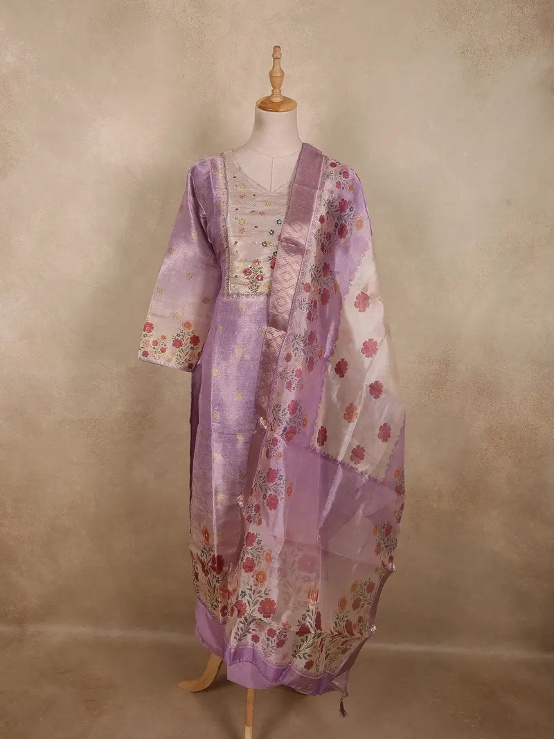 Lavender Floral Thread Embroidered Design Tissue Straight Cut Salwar Suit 1