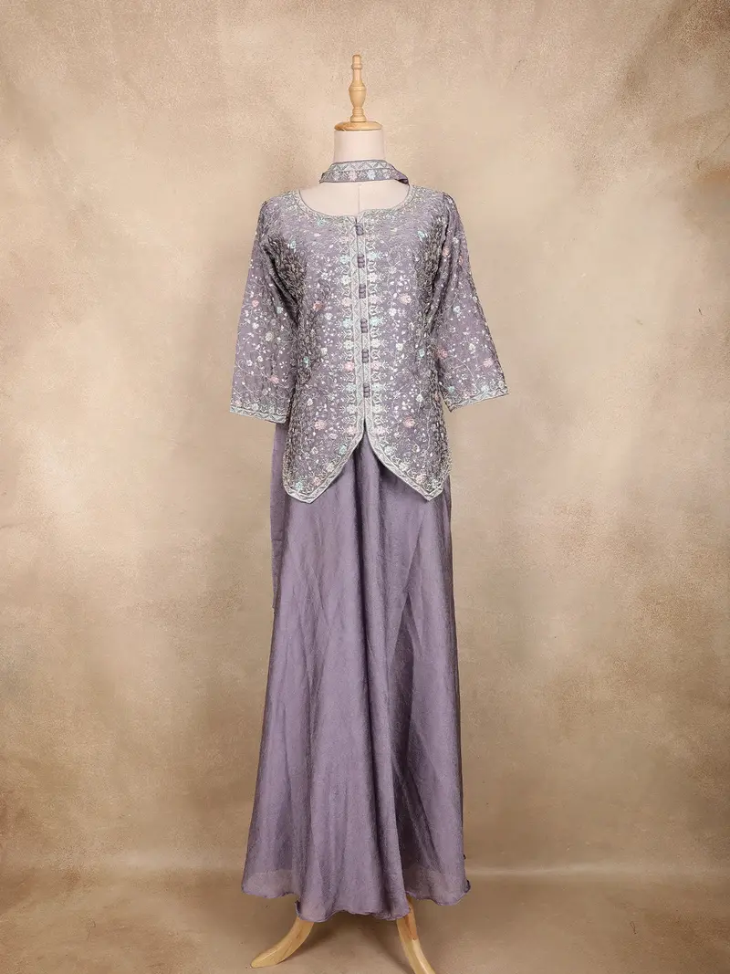 Lavender Floral Thread Embroidered Semi Silk Palazzo Suit With Dupatta 1