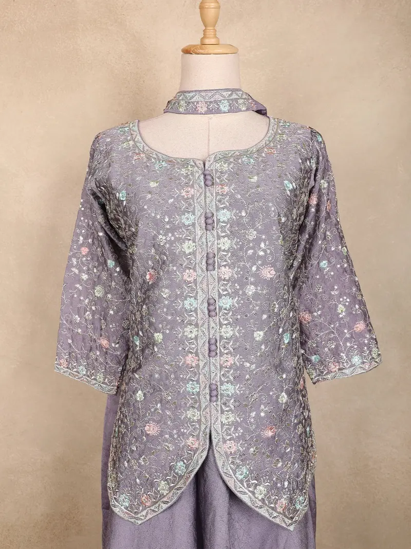 Lavender Floral Thread Embroidered Semi Silk Palazzo Suit With Dupatta 2