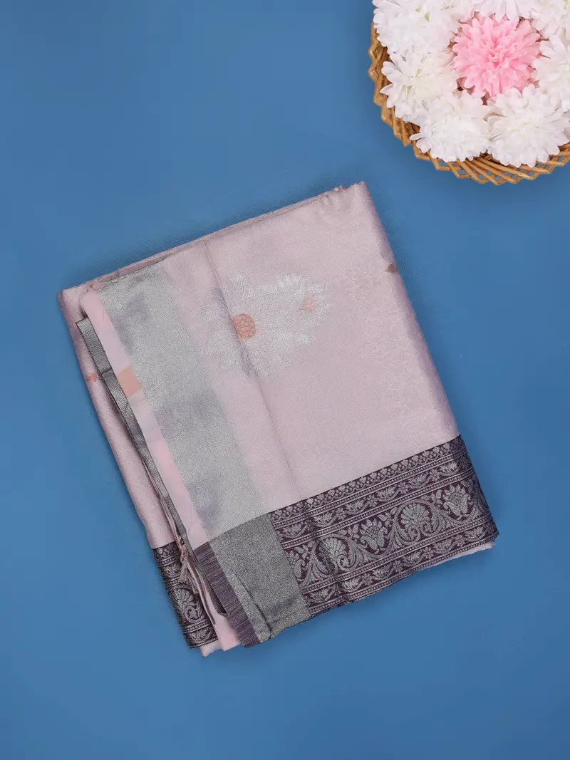 Lavender Floral Woven Art Silk Saree With Contrast Silver Zari Border 1