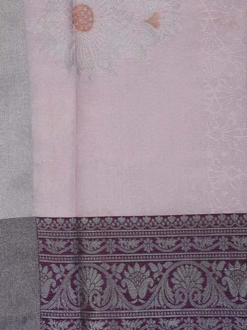 Lavender Floral Woven Art Silk Saree With Contrast Silver Zari Border 2