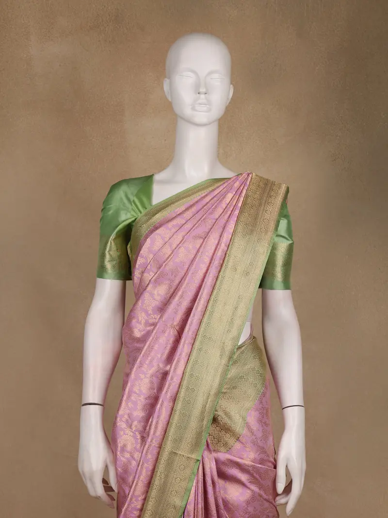 Lavender Floral Woven Banarasi Silk Saree With Zari Border 2