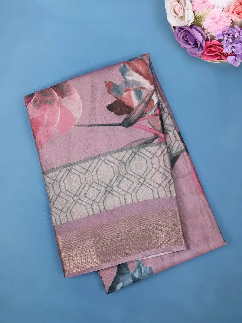 Lavender Geometric And Floral Printed Cotton Saree 1