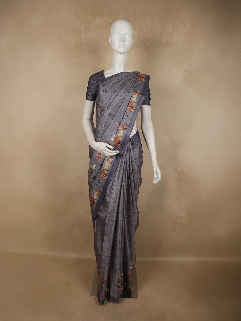 Lavender Grey Floral Printed Design Semi Tussar Fancy Saree With Floral Border 1