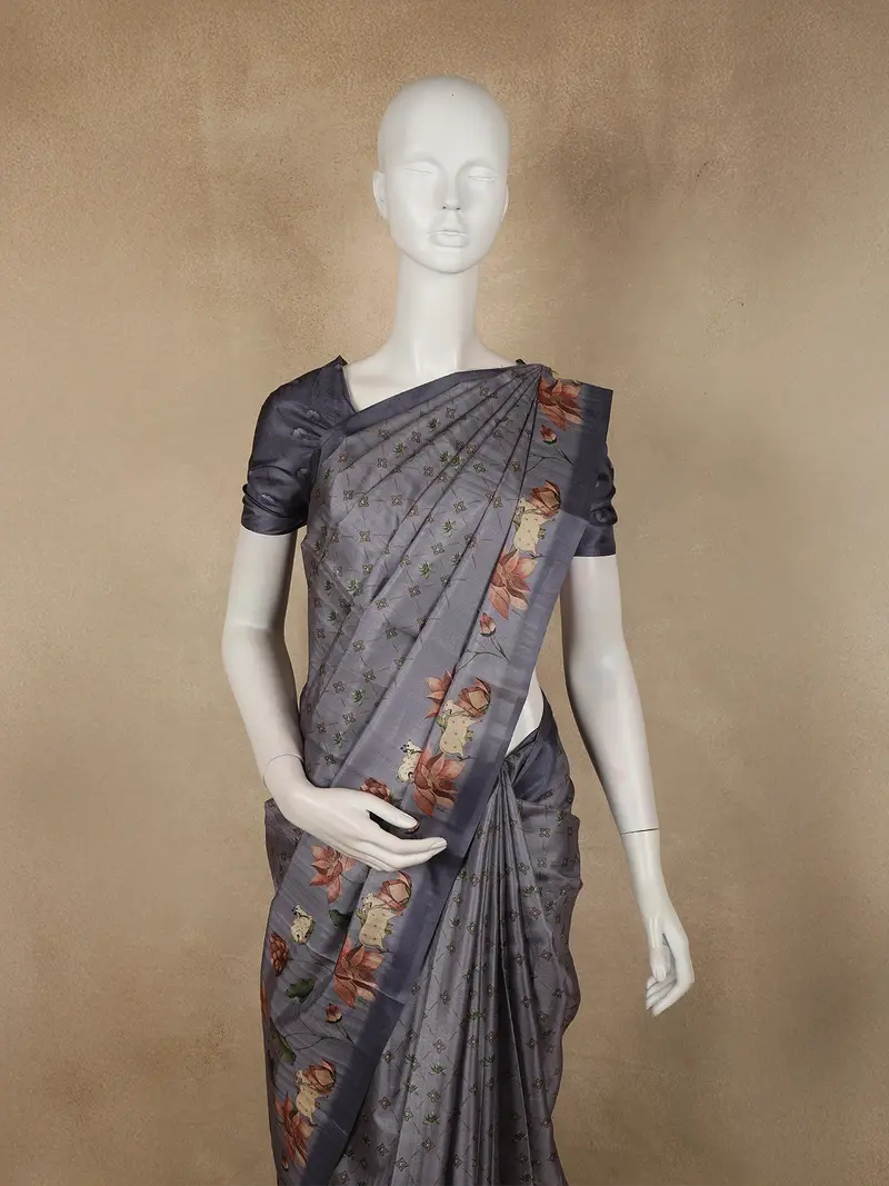 Lavender Grey Floral Printed Design Semi Tussar Fancy Saree With Floral Border 2