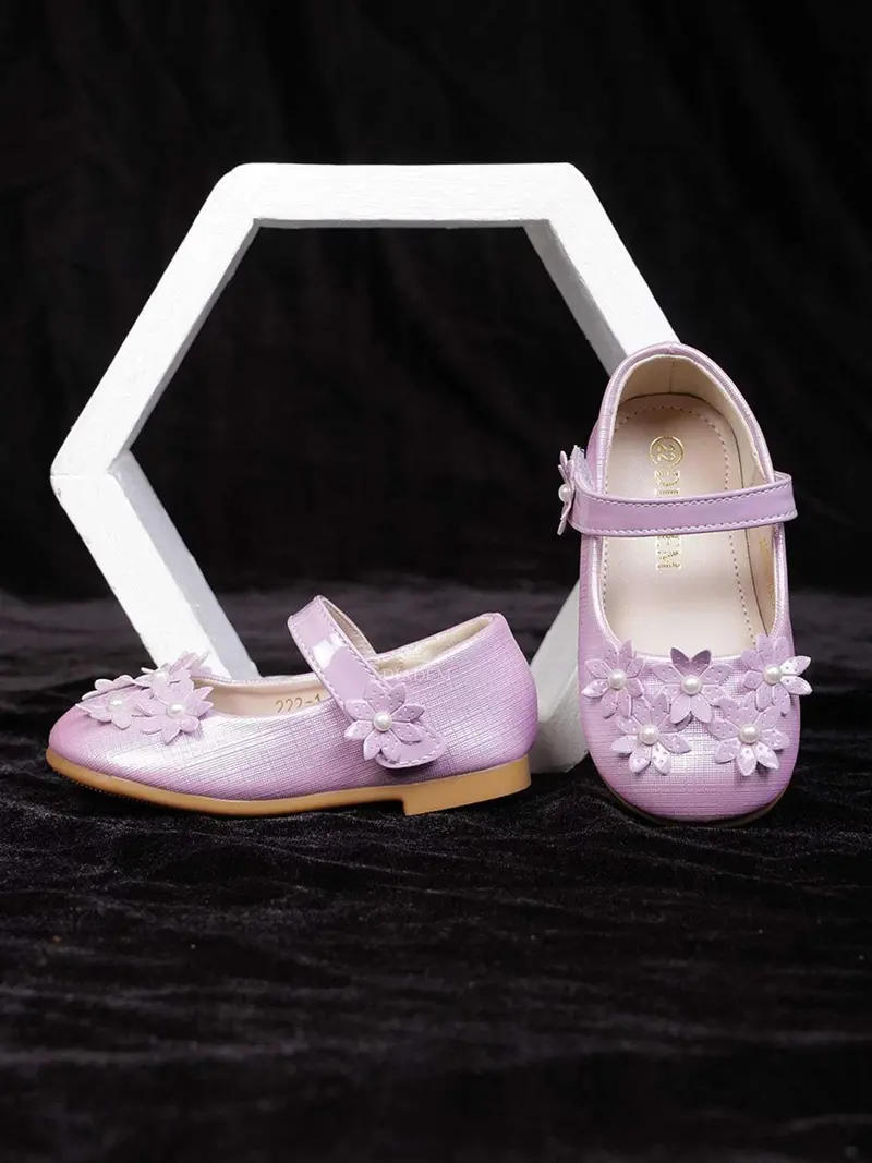 Lavender Matte Ballerinas With Attached 3D Flowers For Girls 2