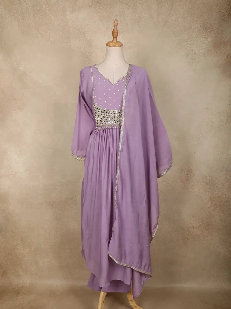 Lavender Mirror Work Embroidered Cotton Salwar Suit With Dupatta 1