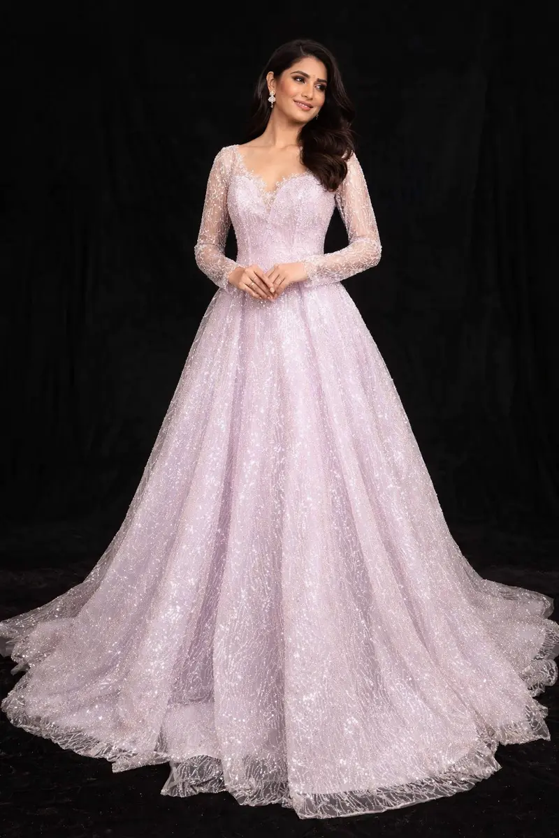 Lavender Net Ball Gown Embellished With Sequins And Beads 1