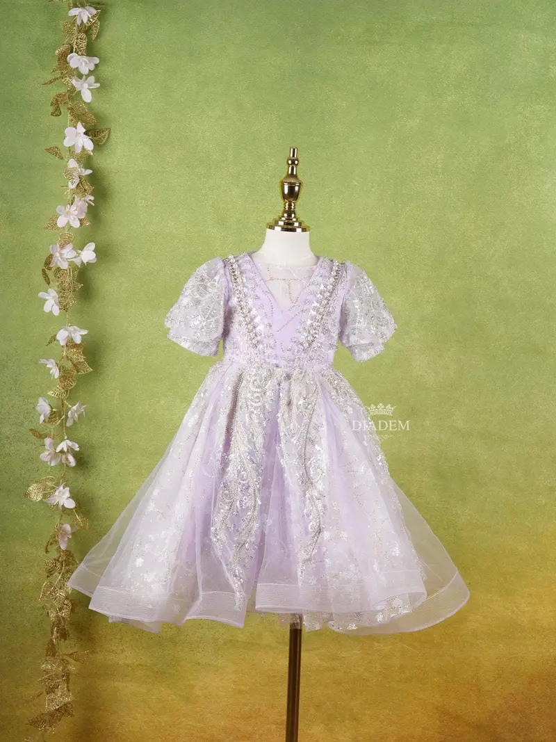 Lavender Net Gown Adorned With Floral Designs And Puff Sleeves 1