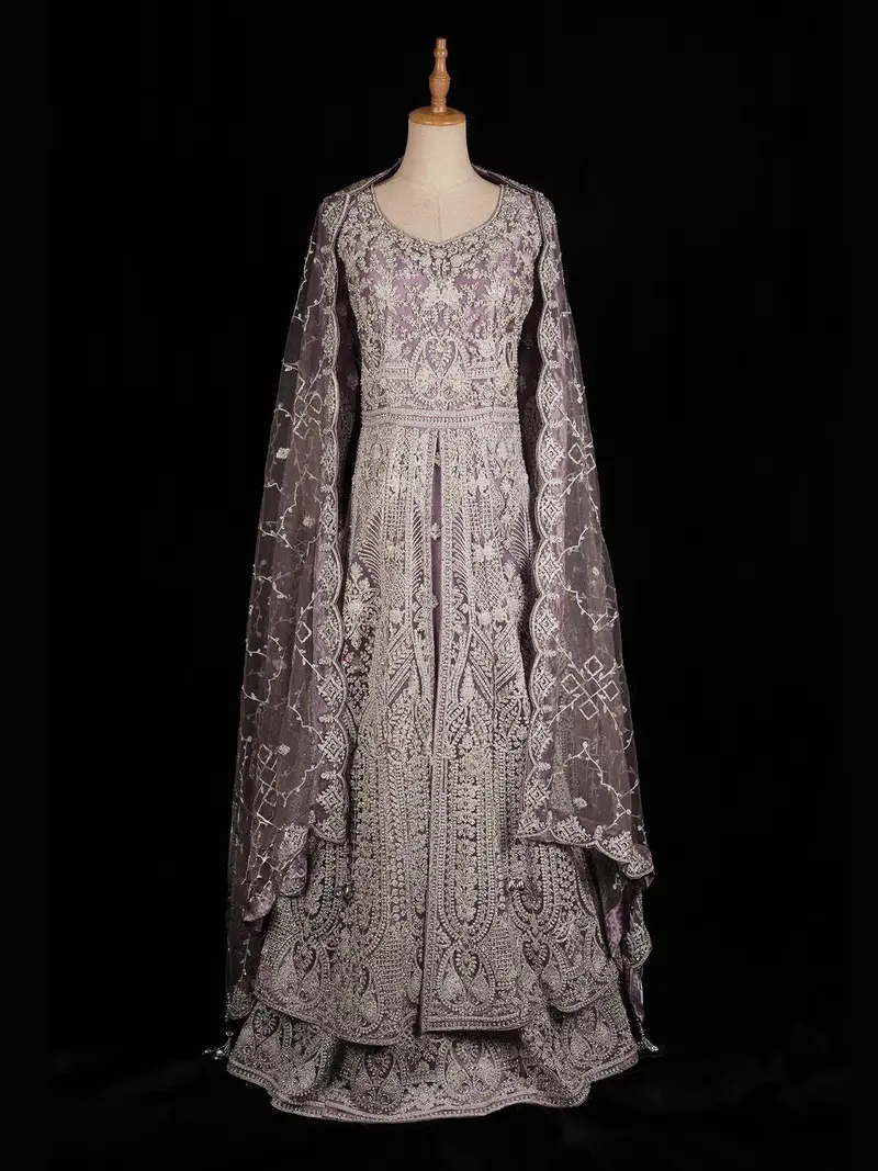 Lavender Net Layered Bridal Engagement Gown For Women Floral And Mirror Embroidery 1