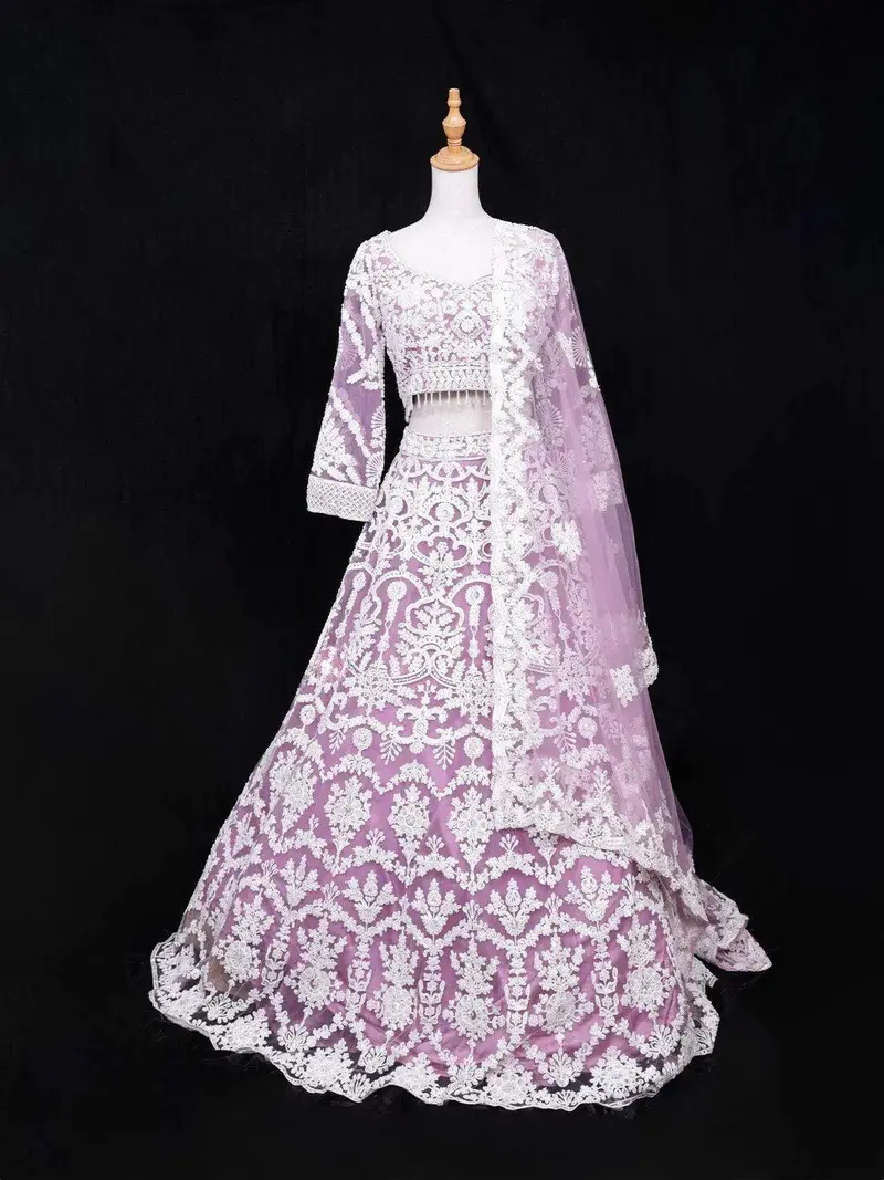 Lavender Net Lehenga Embellished With Floral Embroidery Paired With Dupatta 1