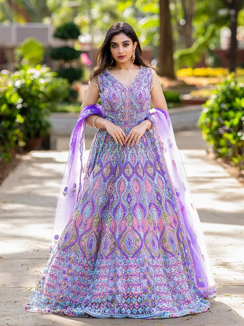Lavender Net Mirror Worked Party Wear Gown 1