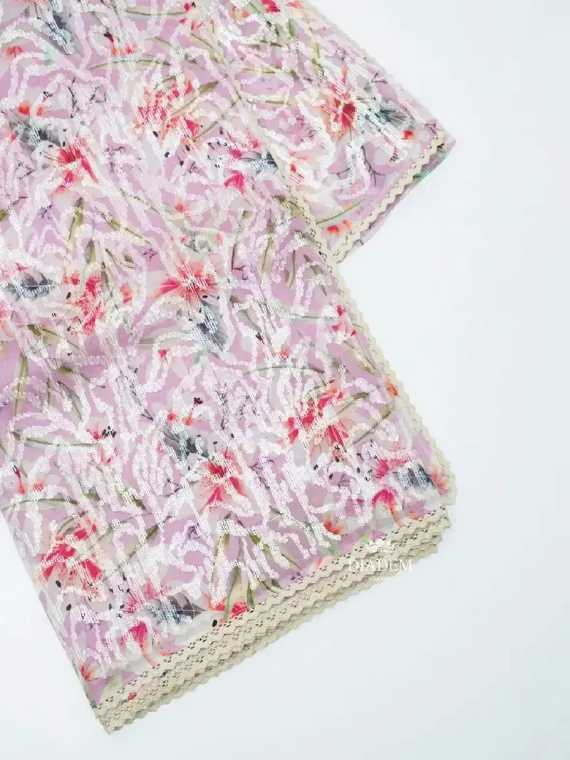 Lavender Organza Silk Saree Adorned In Floral Prints And Sequins 1