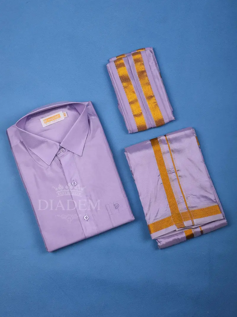 Lavender Plain Semi Silk Full-Sleeve Shirt With Matching Dhoti Set 1